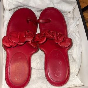 Chanel Red Leather Camellia Toe Ring Flower Sandals Slides Shoes Size 39
